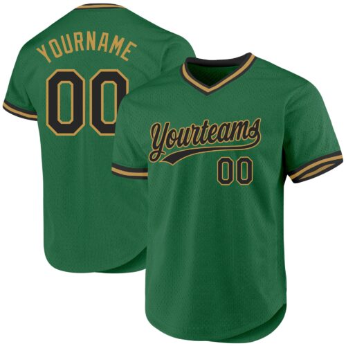 KellyGreen0520 Custom Kelly Green Black-Old Gold Authentic Throwback Baseball Jersey