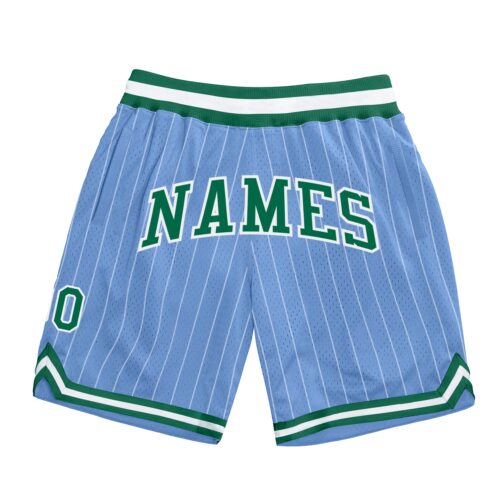 LightBlue0196 Custom Light Blue White Pinstripe Kelly Green-White Authentic Basketball Shorts