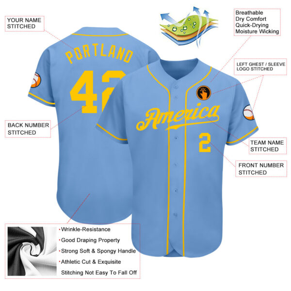 Custom Light Blue Gold Authentic Baseball Jersey