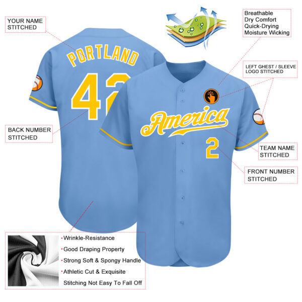 Custom Light Blue Gold-White Authentic Baseball Jersey