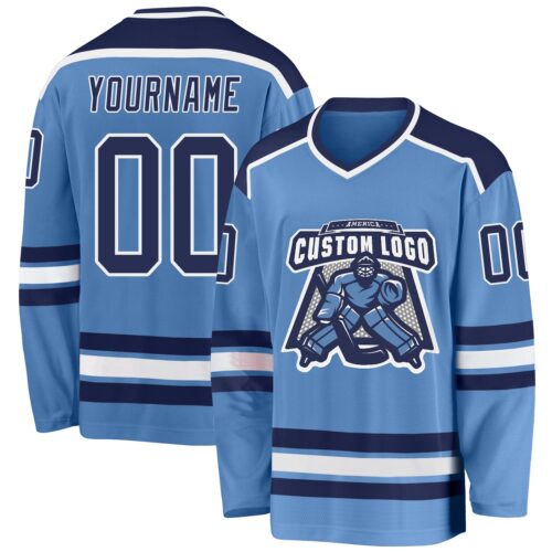 LightBlue0272 Custom Light Blue Navy-White Hockey Jersey