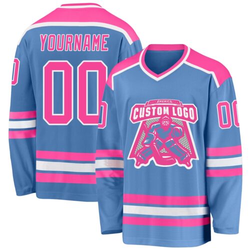 LightBlue0275 Custom Light Blue Pink-White Hockey Jersey