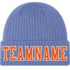 Custom Light Blue Orange-White Stitched Cuffed Knit Hat