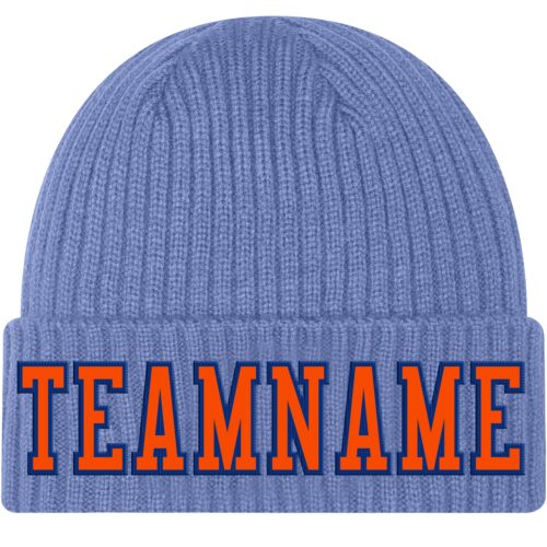 LightBlue0283 Custom Light Blue Orange-Royal Stitched Cuffed Knit Hat