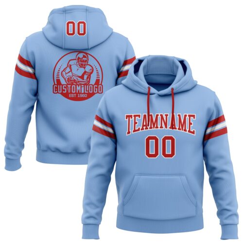 LightBlue0290 Custom Stitched Light Blue Red-White Football Pullover Sweatshirt Hoodie