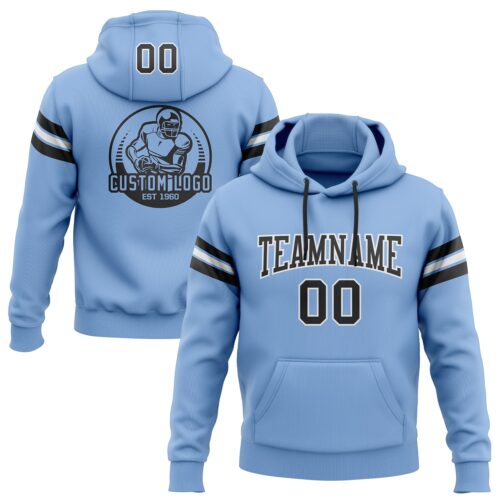 LightBlue0292 Custom Stitched Light Blue Black-White Football Pullover Sweatshirt Hoodie