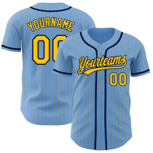 LightBlue0441 Custom Light Blue Yellow Pinstripe Navy Authentic Baseball Jersey