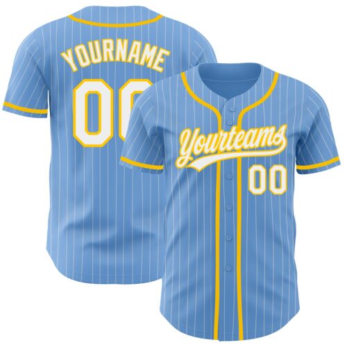 LightBlue0445 Custom Light Blue White Pinstripe Yellow Authentic Baseball Jersey