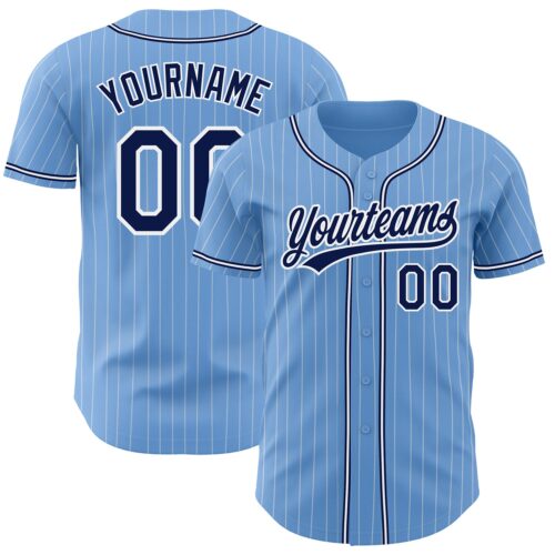 LightBlue0450 Custom Light Blue White Pinstripe Navy Authentic Baseball Jersey