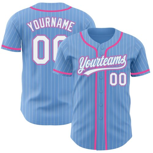 LightBlue0452 Custom Light Blue White Pinstripe Pink Authentic Baseball Jersey
