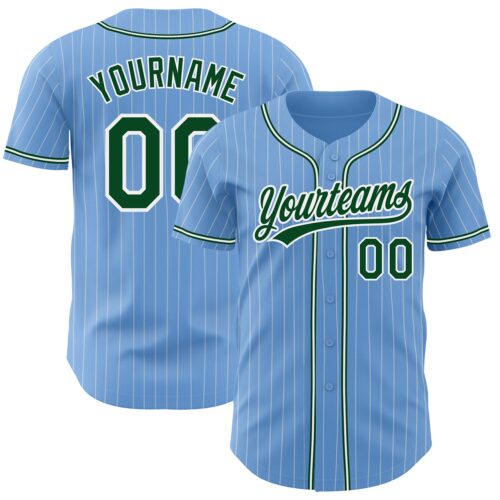 LightBlue0455 Custom Light Blue White Pinstripe Green Authentic Baseball Jersey