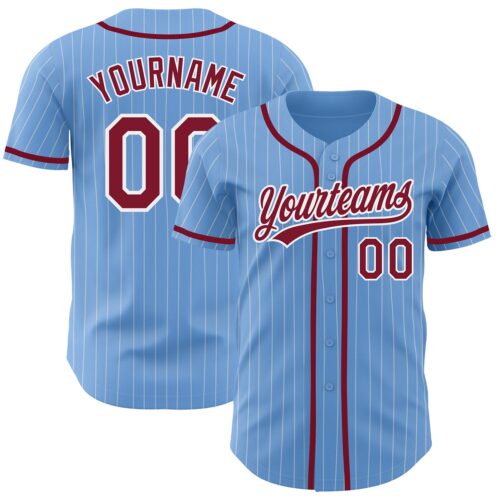 LightBlue0457 Custom Light Blue White Pinstripe Crimson Authentic Baseball Jersey
