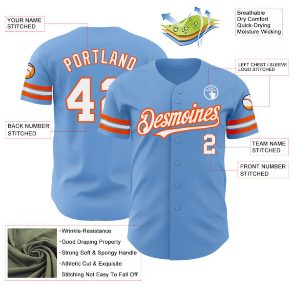 Custom Light Blue White-Orange Authentic Baseball Jersey
