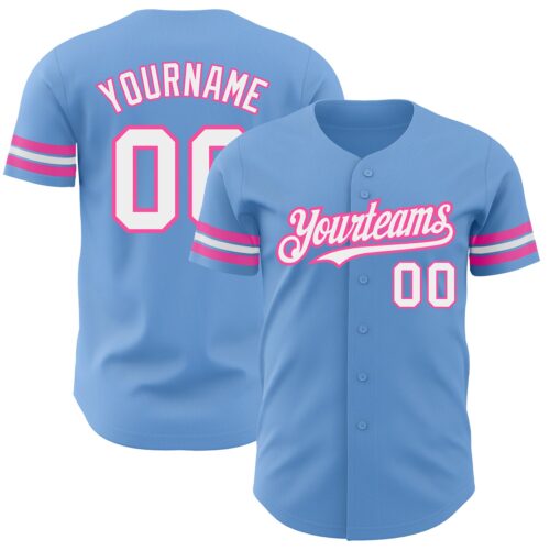 LightBlue0568 Custom Light Blue White-Pink Authentic Baseball Jersey