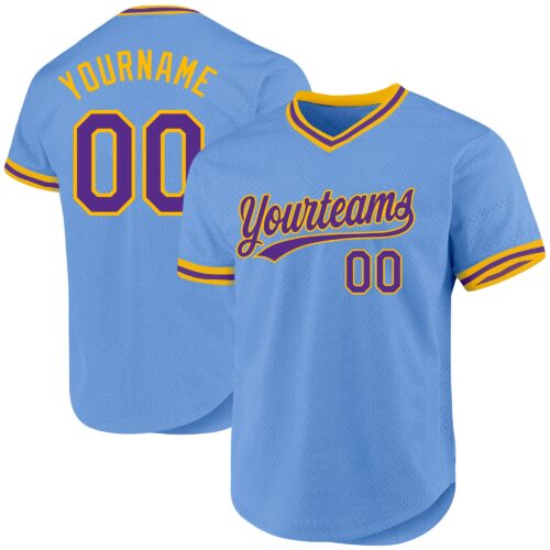 LightBlue0575 Custom Light Blue Purple-Gold Authentic Throwback Baseball Jersey