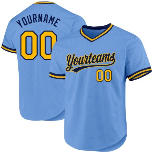 LightBlue0578 Custom Light Blue Gold-Navy Authentic Throwback Baseball Jersey