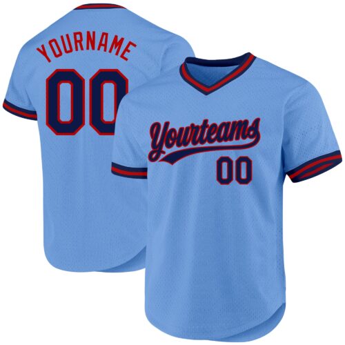 LightBlue0582 Custom Light Blue Navy-Red Authentic Throwback Baseball Jersey