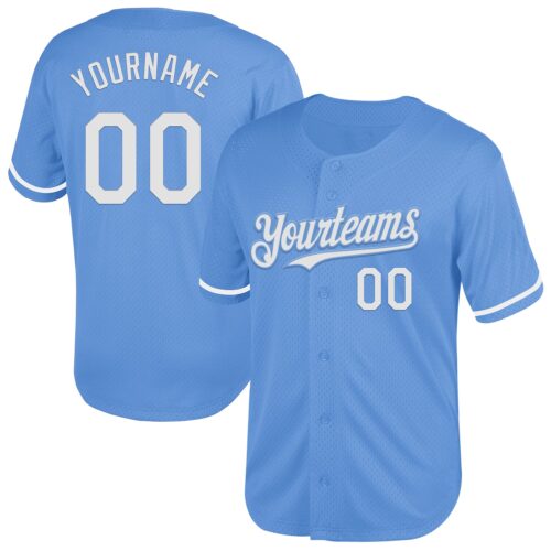 LightBlue0633 Custom Light Blue White Mesh Authentic Throwback Baseball Jersey