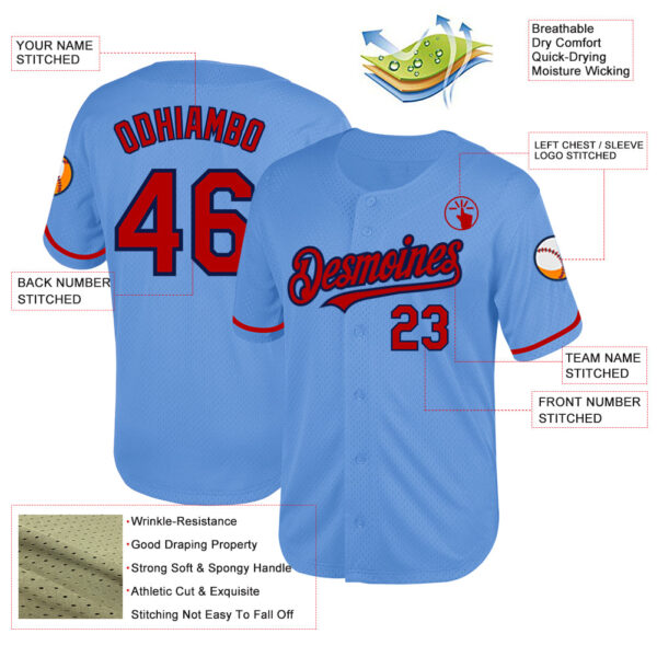 Custom Light Blue Red-Navy Mesh Authentic Throwback Baseball Jersey