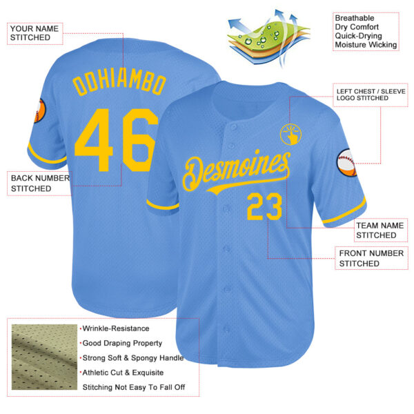 Custom Light Blue Yellow Mesh Authentic Throwback Baseball Jersey