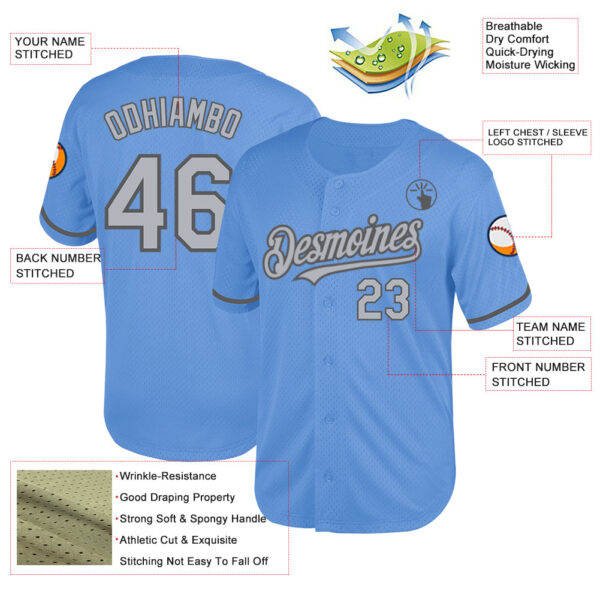 Custom Light Blue Gray-Steel Gray Mesh Authentic Throwback Baseball Jersey