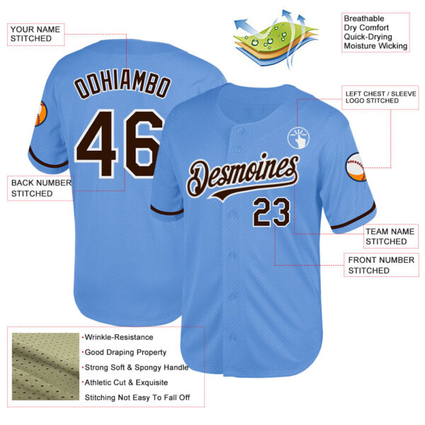 Custom Light Blue Brown-White Mesh Authentic Throwback Baseball Jersey
