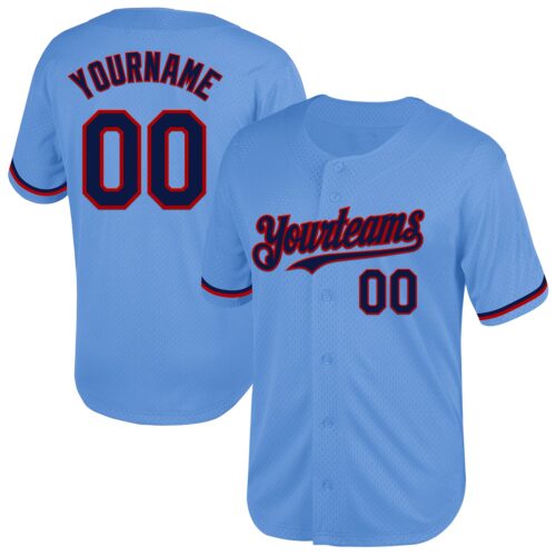 LightBlue0658 Custom Light Blue Navy-Red Mesh Authentic Throwback Baseball Jersey