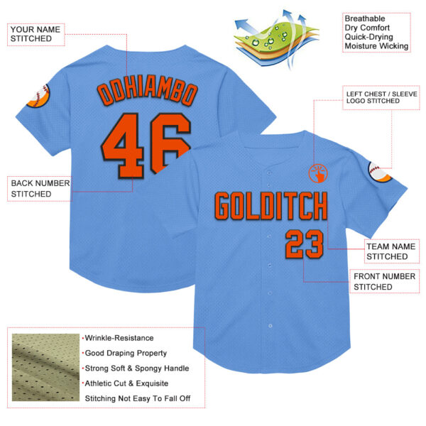 Custom Light Blue Orange-Black Mesh Authentic Throwback Baseball Jersey