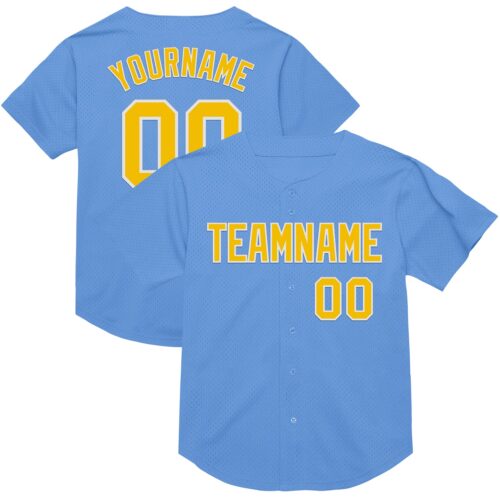 LightBlue0733 Custom Light Blue Yellow-White Mesh Authentic Throwback Baseball Jersey