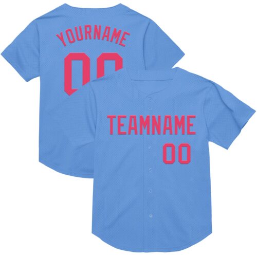 LightBlue0737 Custom Light Blue Neon Pink Mesh Authentic Throwback Baseball Jersey