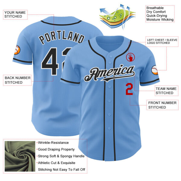 Custom Light Blue Black White-Red Authentic Baseball Jersey