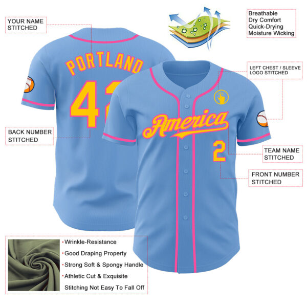 Custom Light Blue Yellow-Pink Authentic Baseball Jersey