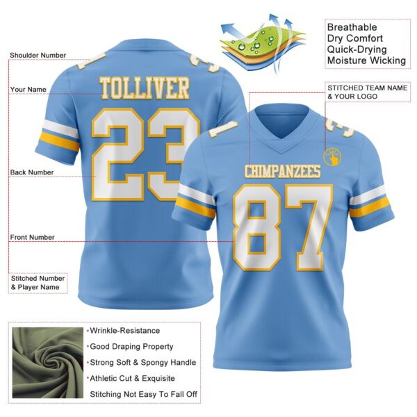 Custom Light Blue White-Gold Authentic Football Jersey