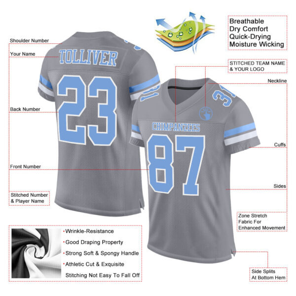 Custom Light Gray Light Blue-White Mesh Authentic Football Jersey