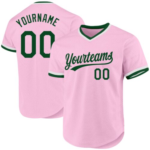 LightPink0028 Custom Light Pink Green-White Authentic Throwback Baseball Jersey
