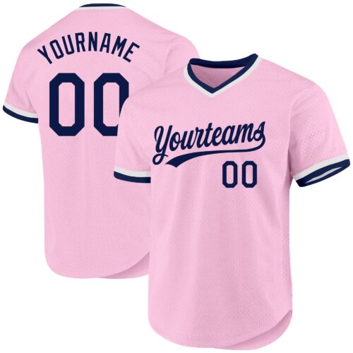 LightPink0029 Custom Light Pink Navy-White Authentic Throwback Baseball Jersey