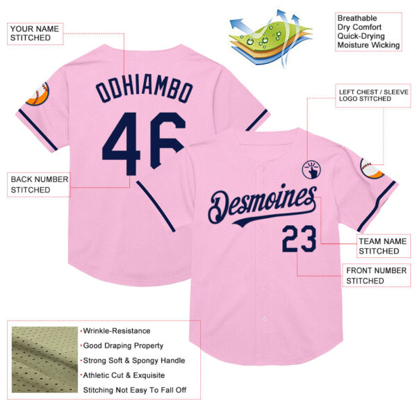 Custom Light Pink Navy Mesh Authentic Throwback Baseball Jersey