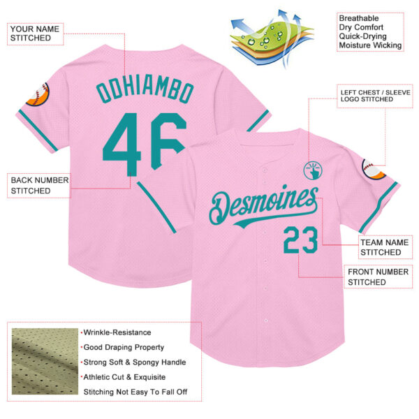 Custom Light Pink Teal Mesh Authentic Throwback Baseball Jersey