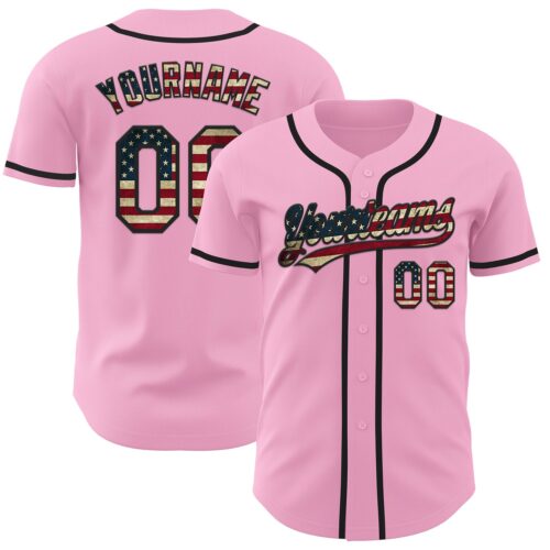 LightPink0058 Custom Light Pink Vintage USA Flag-Black Authentic Baseball Jersey