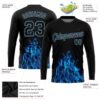 Custom Black Black-Light Blue Flame 3D Pattern Long Sleeve Performance T-Shirt