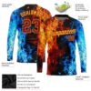 Custom Black Red Gold Royal-Light Blue Flame 3D Pattern Long Sleeve Performance T-Shirt