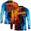 Custom Black Red Gold Royal-Light Blue Flame 3D Pattern Long Sleeve Performance T-Shirt