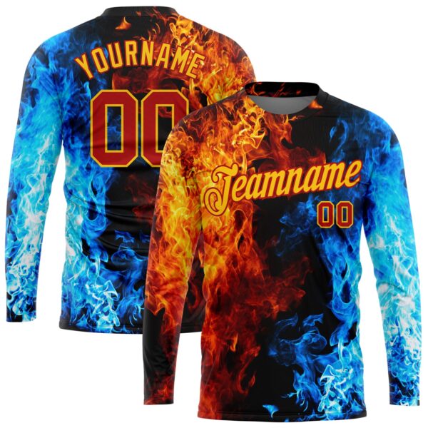 Custom Black Red Gold Royal-Light Blue Flame 3D Pattern Long Sleeve Performance T-Shirt