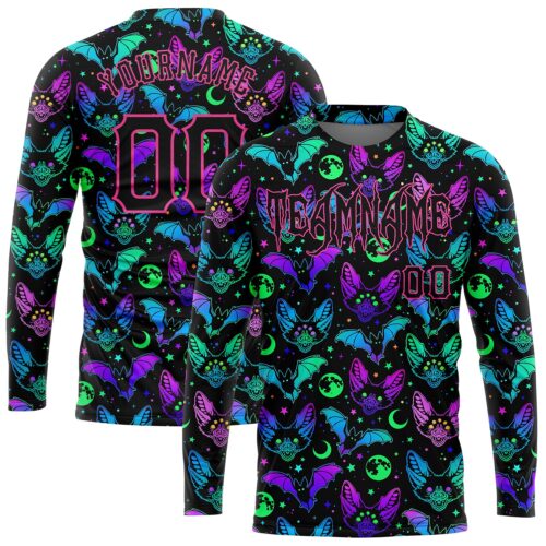 LongSleeve0072 Custom 3D Pattern Bright Multicolored Halloween Bats Long Sleeve Performance T-Shirt