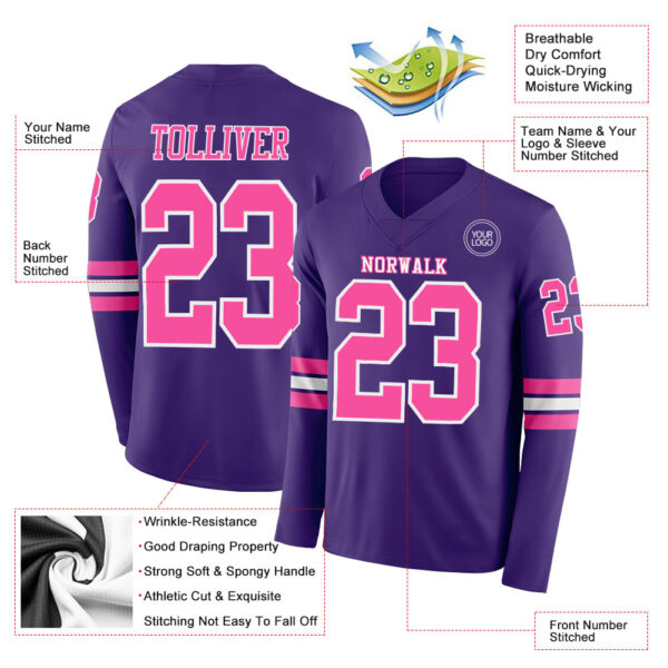 Custom Purple Pink-White Long Sleeve Authentic Football Jersey