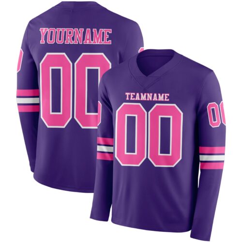 Custom Purple Pink-White Long Sleeve Authentic Football Jersey