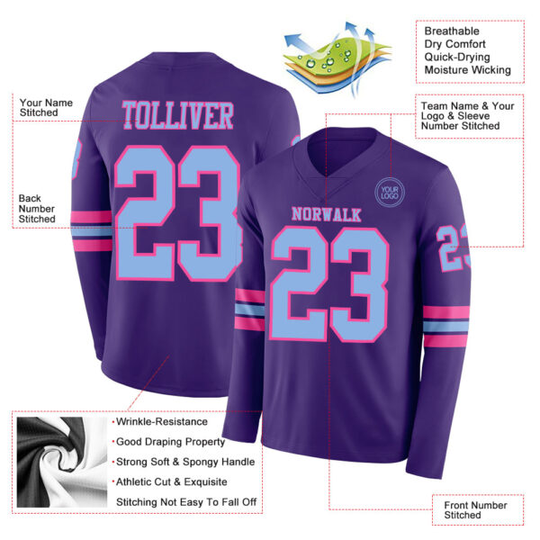 Custom Purple Light Blue-Pink Long Sleeve Authentic Football Jersey