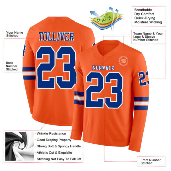 Custom Orange Royal-White Long Sleeve Authentic Football Jersey