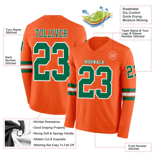 Custom Orange Kelly Green-White Long Sleeve Authentic Football Jersey