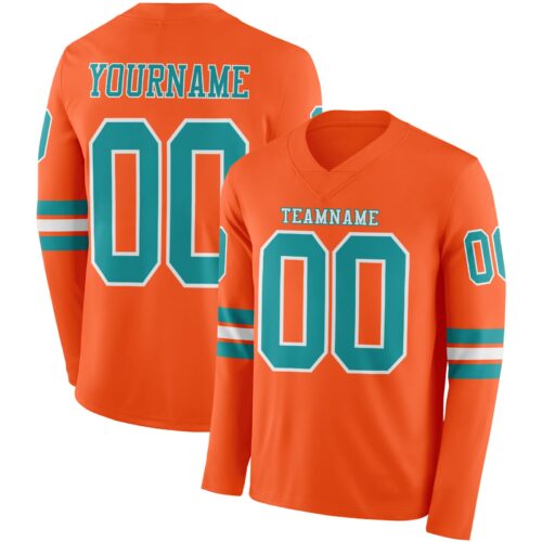 Custom Orange Teal-White Long Sleeve Authentic Football Jersey